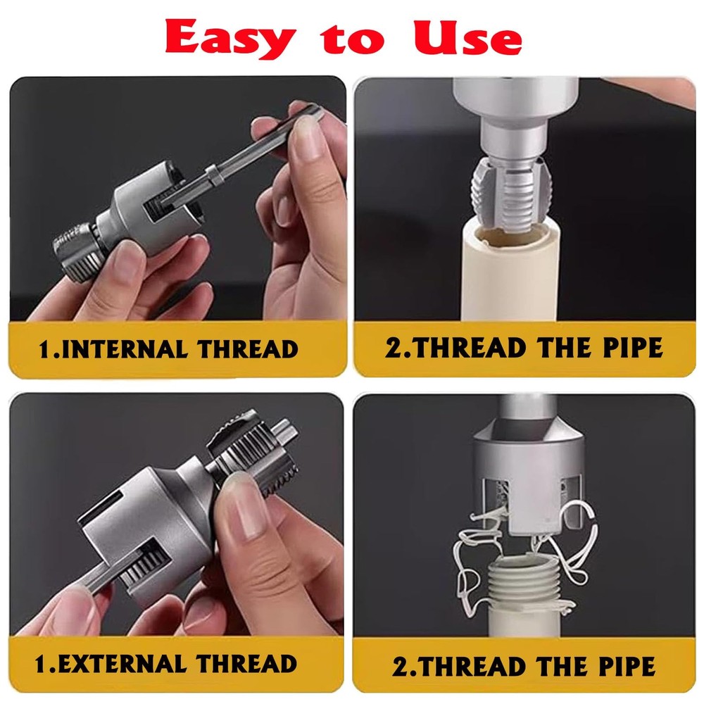PVC Pipe Threader Kit, 3 Piece Set, 1/2" 3/4" 1" NPT Sizes, Dual-Function Int...