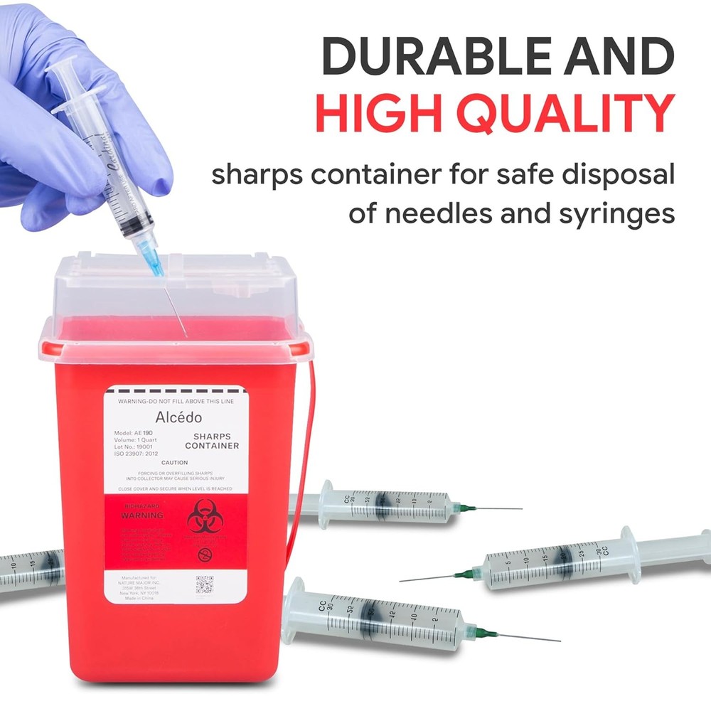 Alcedo Sharps Container for Home Use 1 Quart (1-Pack), Biohazard 1 Quart, Red