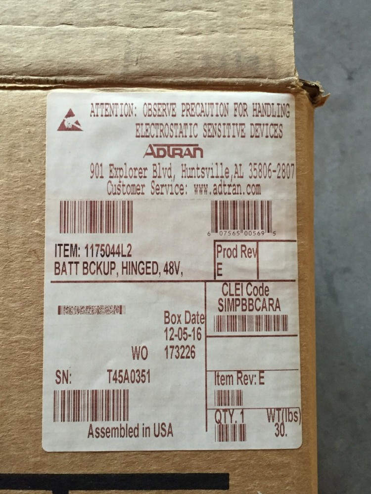 ADTRAN BATTERY BACKUP HINGED 1175044L2 48V