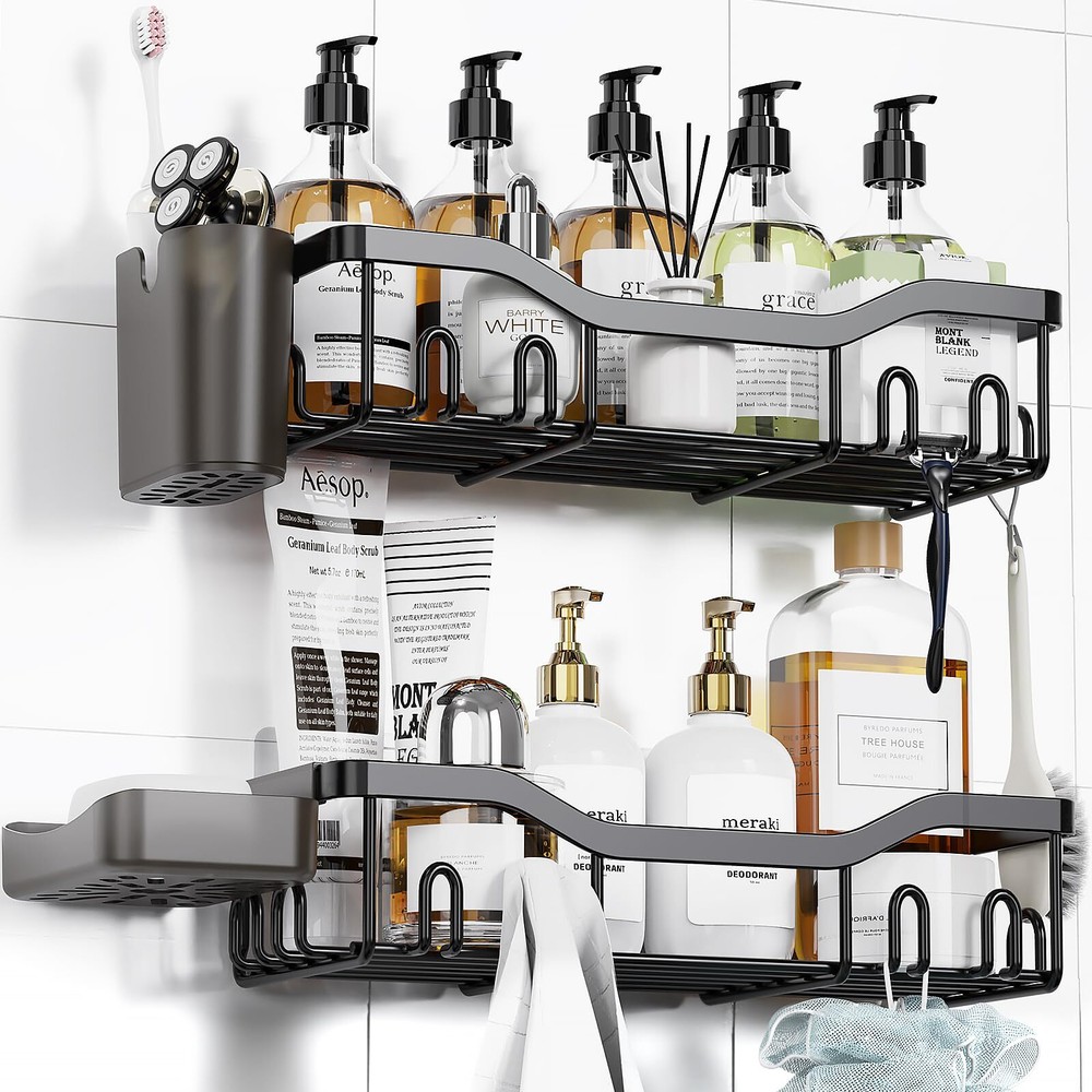 Adhesive Shower Caddy with Hooks Expandable Bathroom Storage Shelf