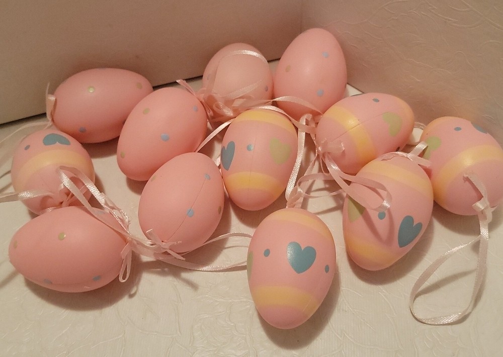 12 Easter Egg Pink Ornaments Plastic Decorated with Dots and Hearts 2.5" Decor