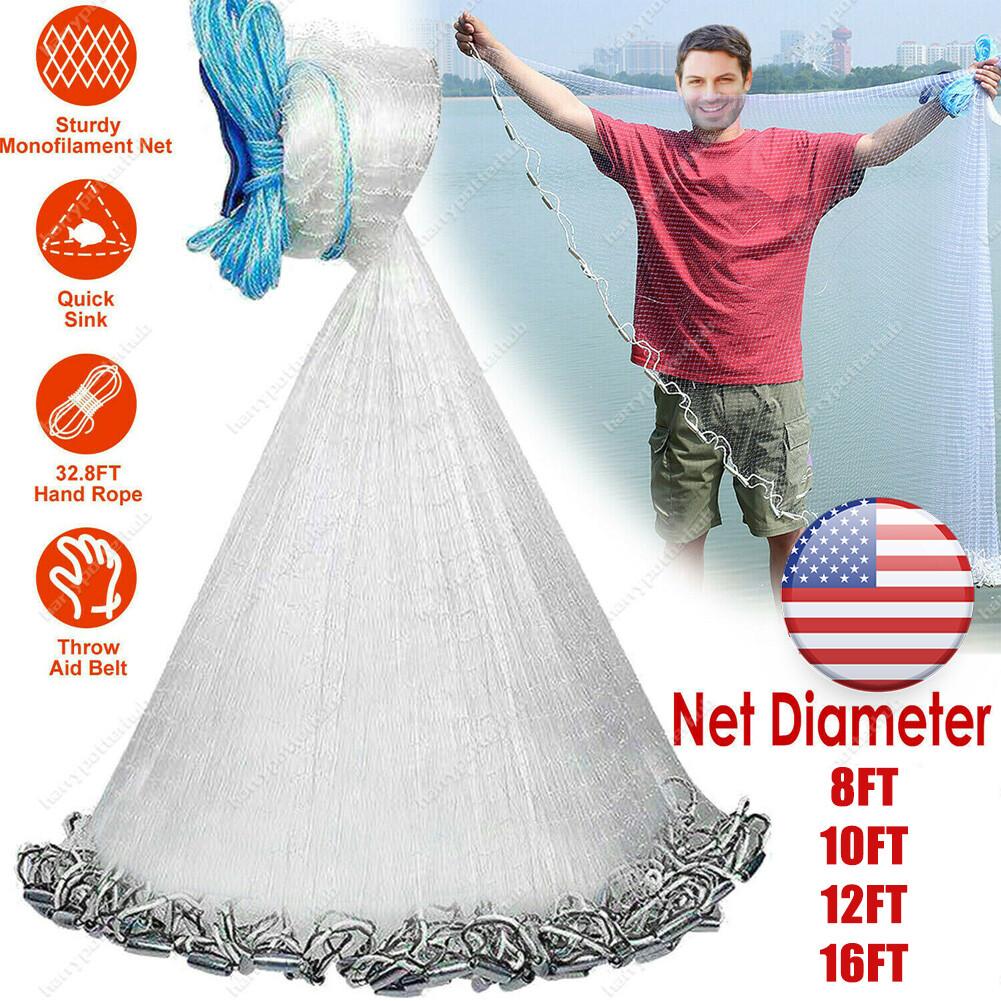 8/10/12/14/16FT Fishing Cast Net Bait Easy Throw Hand Cast Strong Nylon Mesh USA