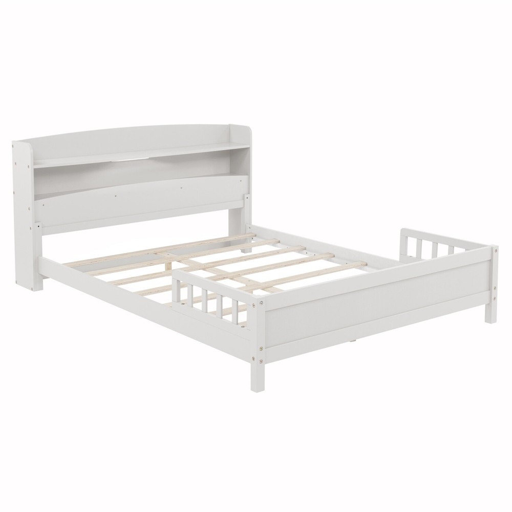 Full Size Bed Frame Wood Platform Bed Frame w/ Storage Headboard & LED Light