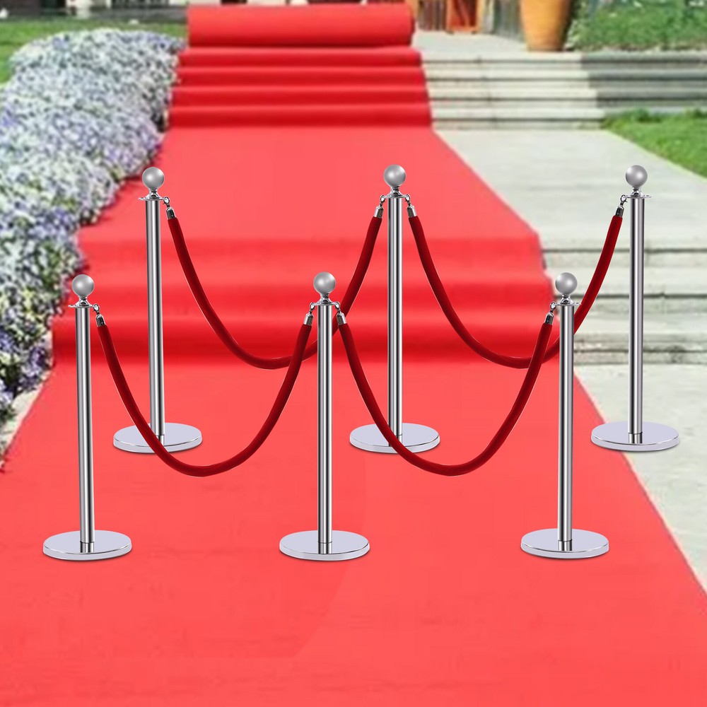 6Pcs Silver Stanchion Posts Queue Crowd Control Barriers Set+5ft Red Velvet Rope