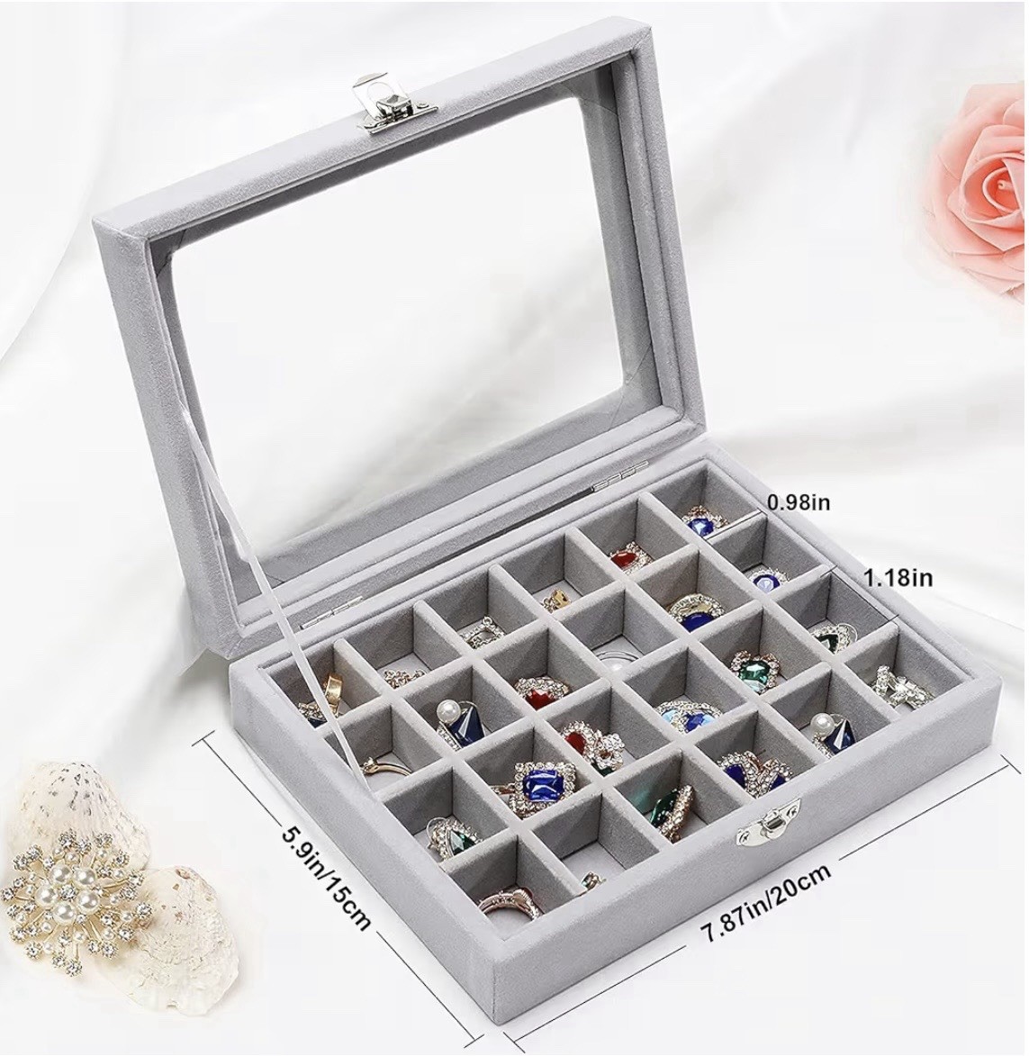 Clear Lid Velvet Jewelry Organizer Box 24 Grid, Jewelry Display Case