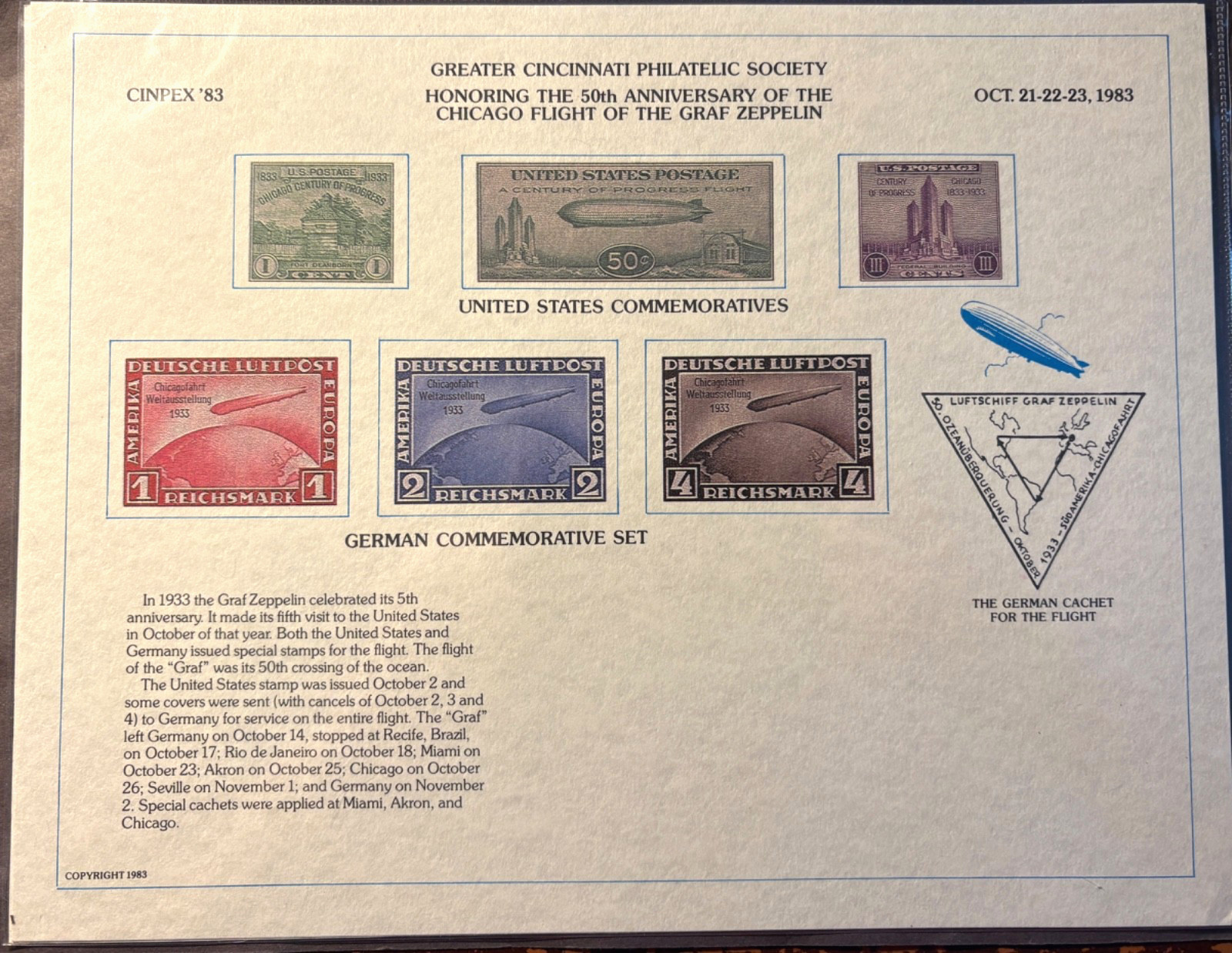 CINPEX '83 50th Anniversary of Zeppelin Chicago Mint & Canceled Souvenir Card
