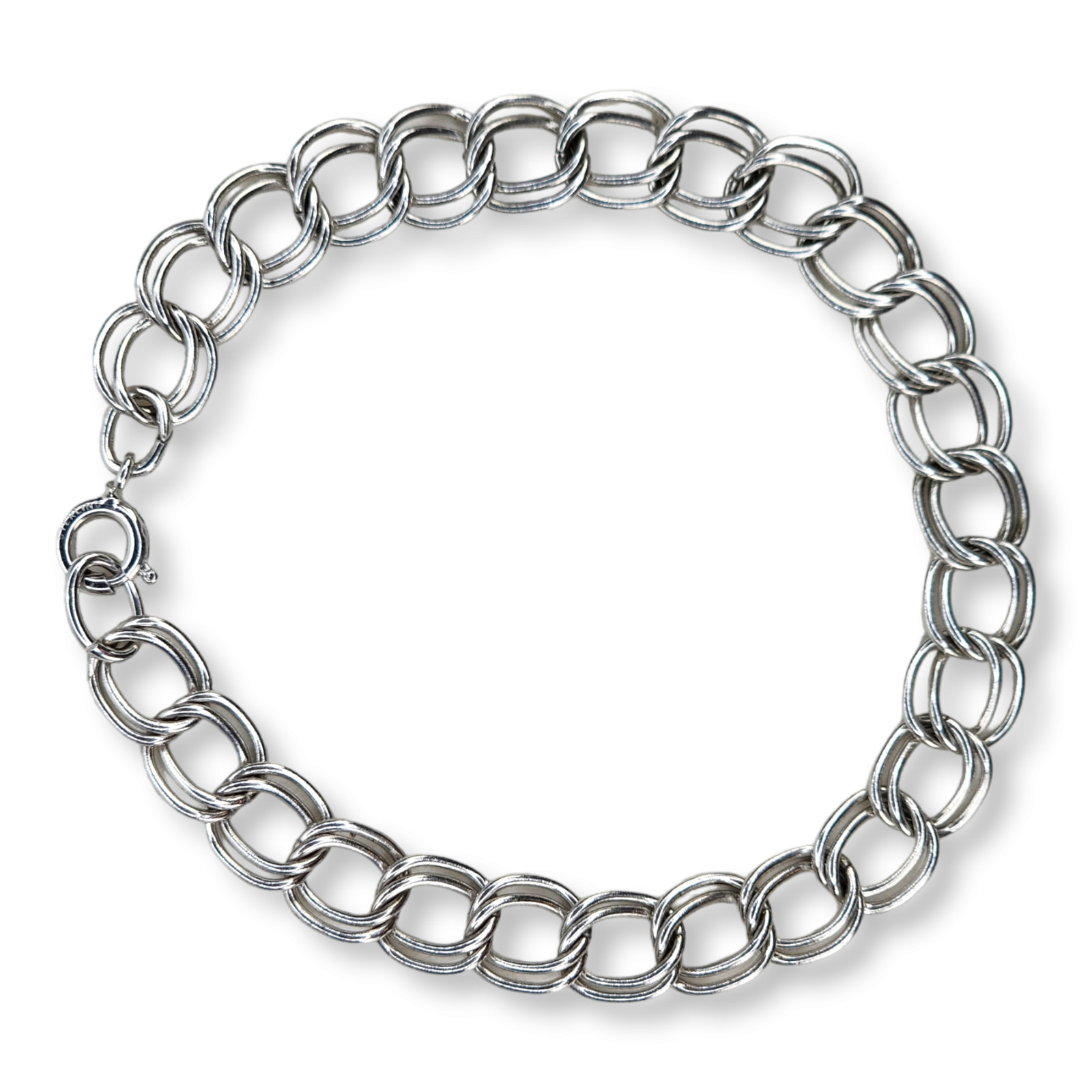 Vintage Sterling Silver 925 Double Link Flat Charm Bracelet 7.5 Inches Long