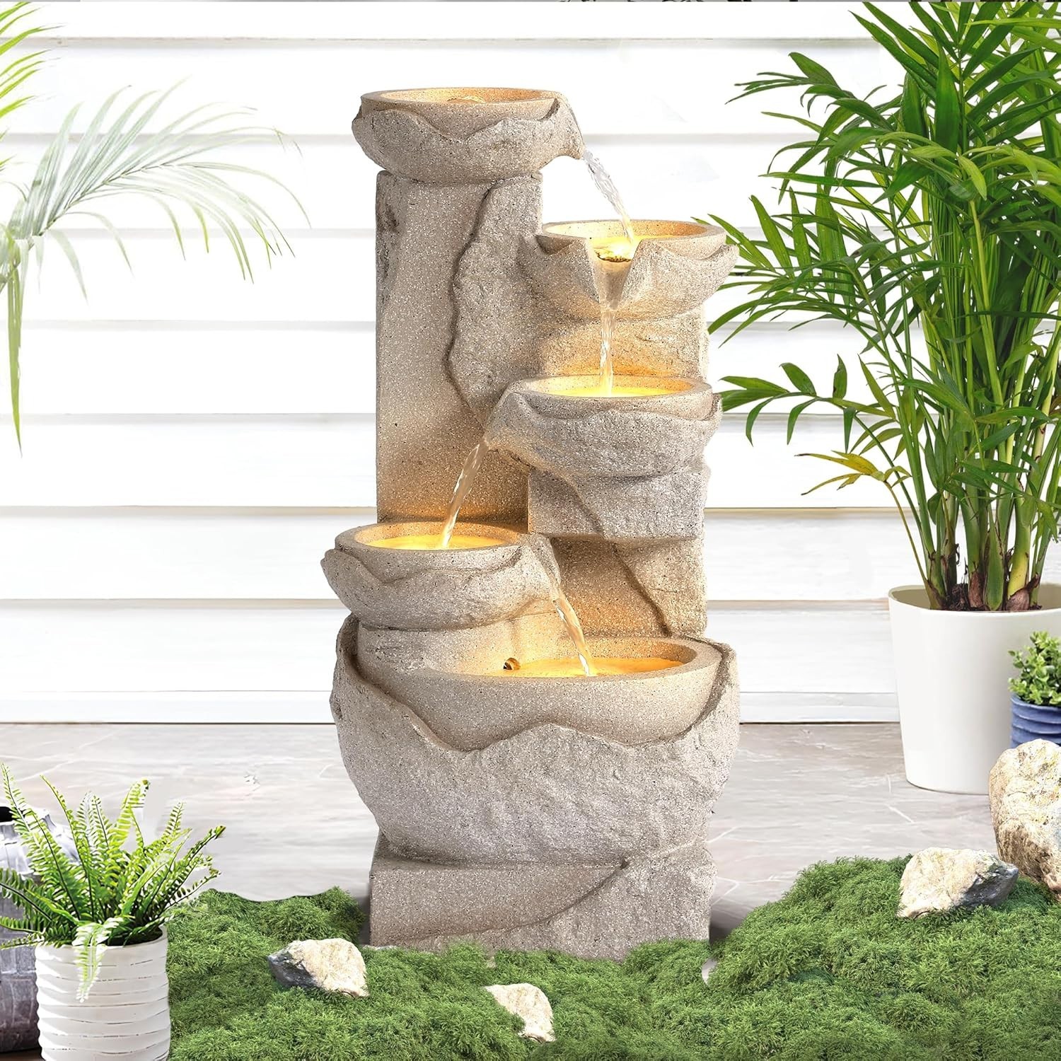 Outdoor 5-Tiers Cascading Rock Water Fountain, Waterfall Fountain with 5 LED