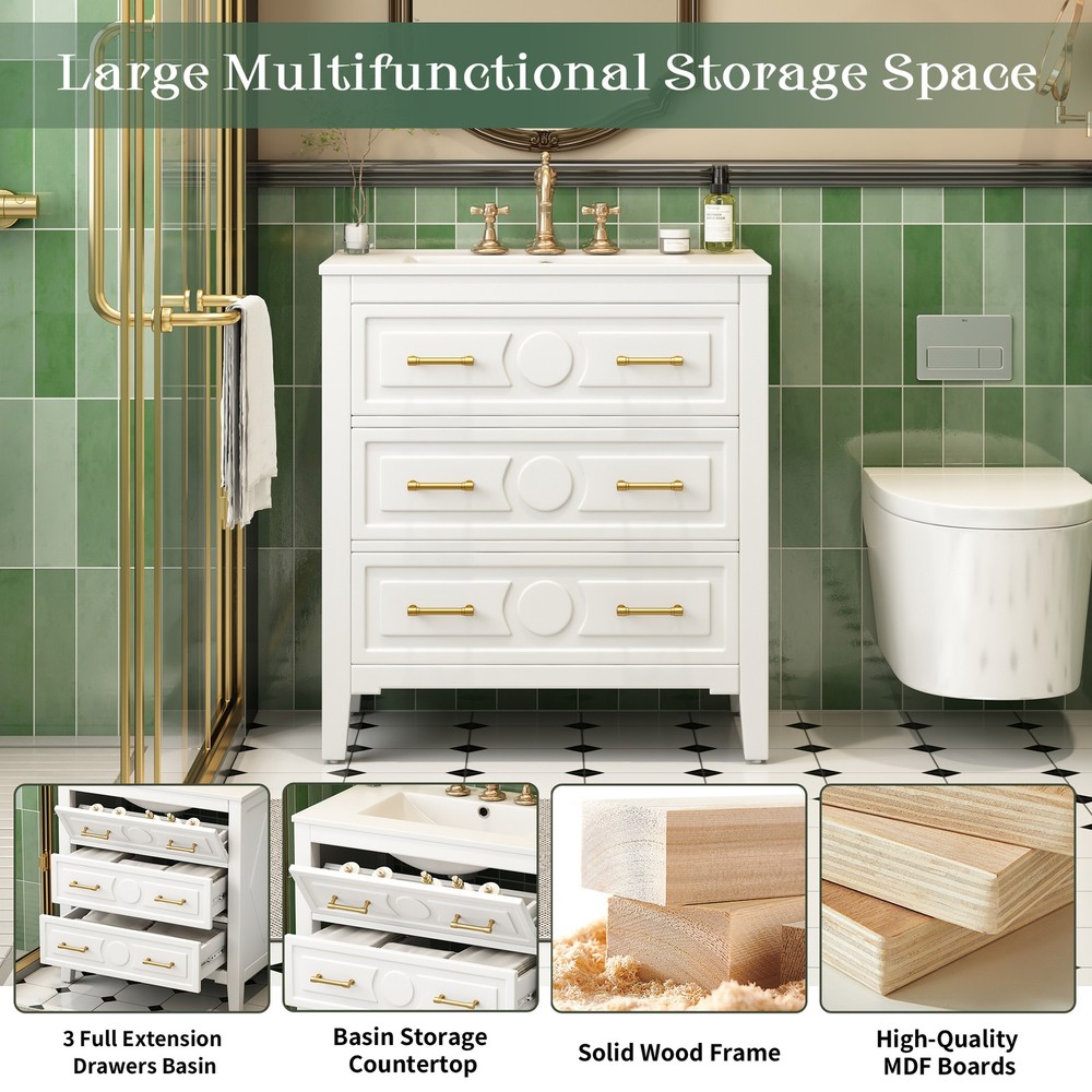 Bathroom dressing table - white, ceramic sink set, 3 drawers, solid wood frame