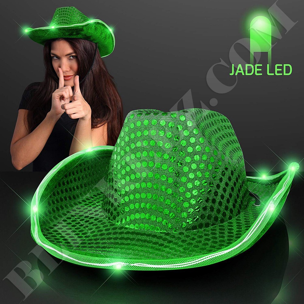 GREEN Light Up LED Flashing Cowboy Hat with GREEN Sequins