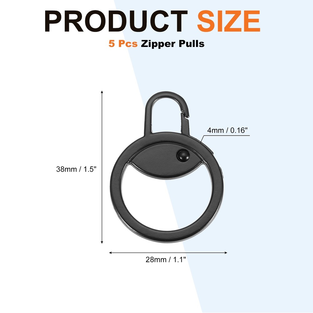 Zipper Pull Charm 5 Pcs Round Zipper Pull Replacement, Black