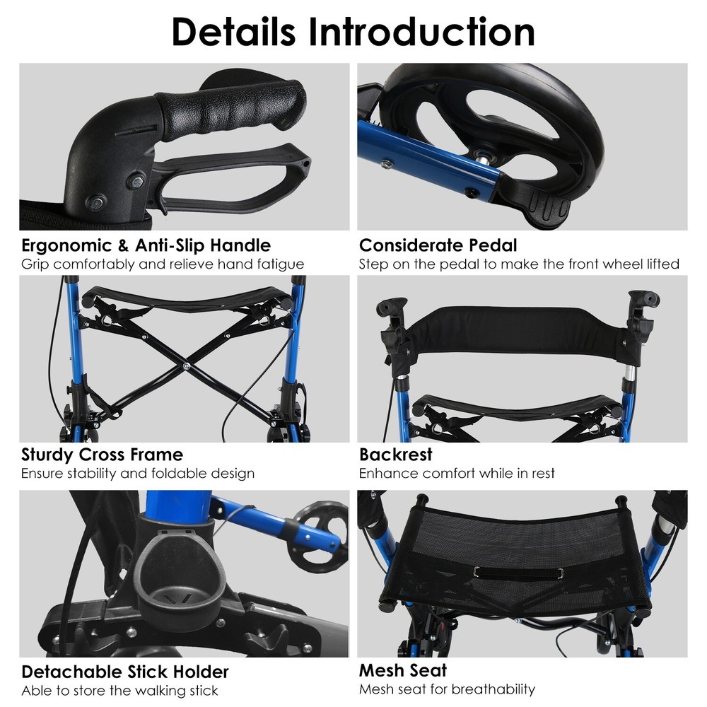 Aluminum Rollator Walker with Seat Backrest Foldable Rolling Walker with 220LBS