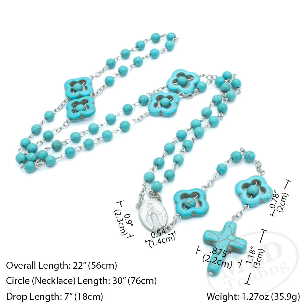 Turquoise Stone Bead Catholic Flower Rosary Necklace - 22" 7" Drop, Silver Chain