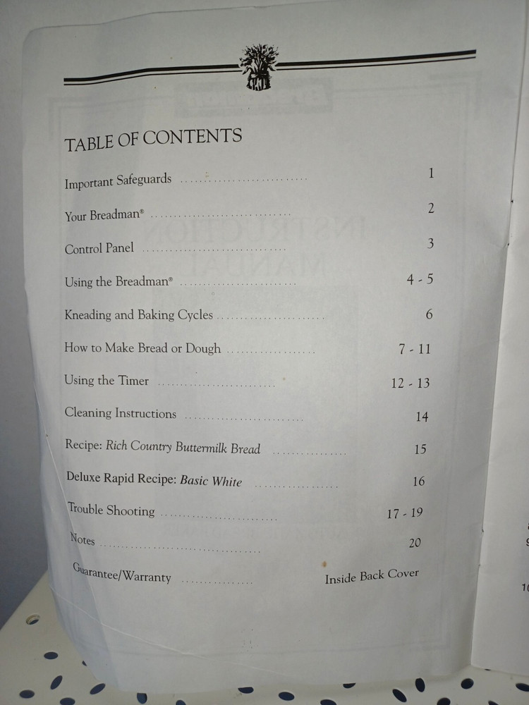 Breadman Automatic Bread Baker - Instruction Manual Only - Very Good Condition