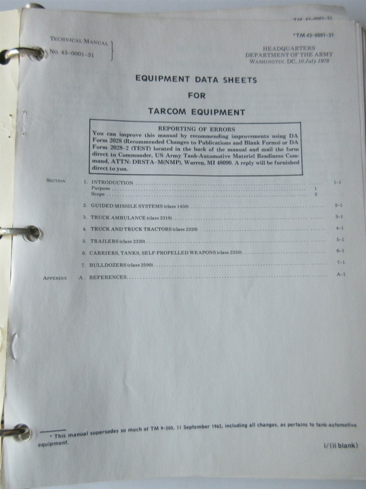 1978 TM 43-0001-31 TECHNICAL MANUAL EQUIPMENT DATA SHEETS FOR TARCOM EQUIPMENT