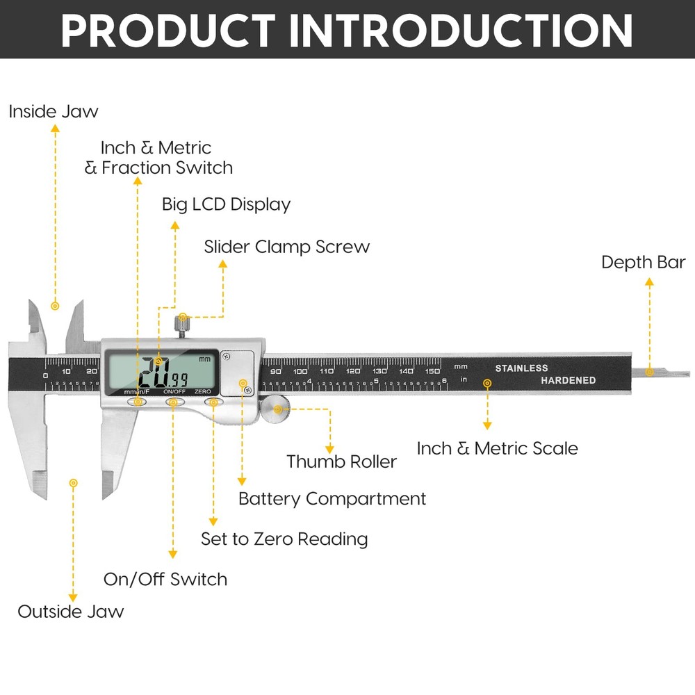 Digital Caliper Measuring Tool 6 Inch Large LCD Screen Stainless Vernier
