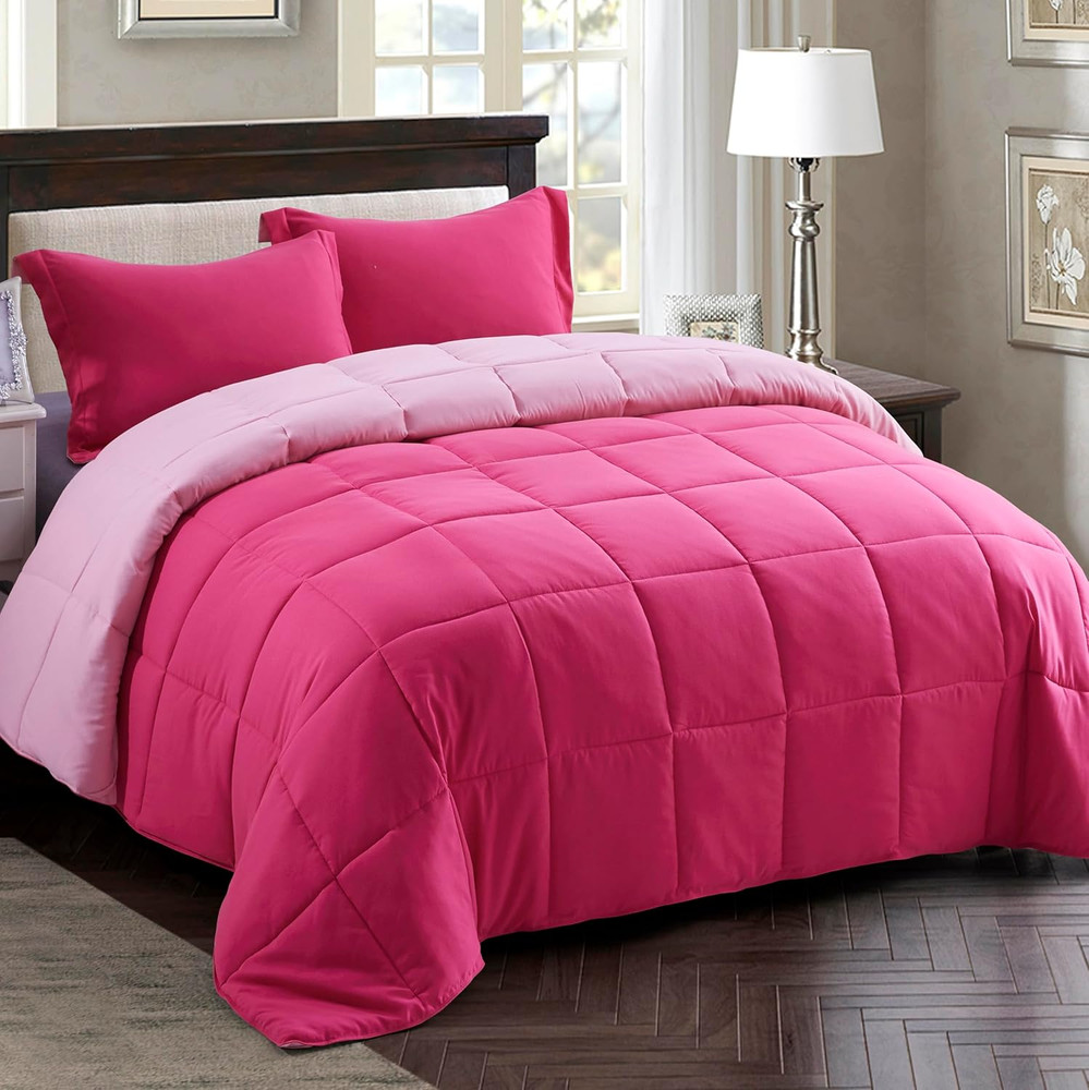 3Pc Pink Queen Size Comforter Set - All Season Reversible down Alternative Beddi