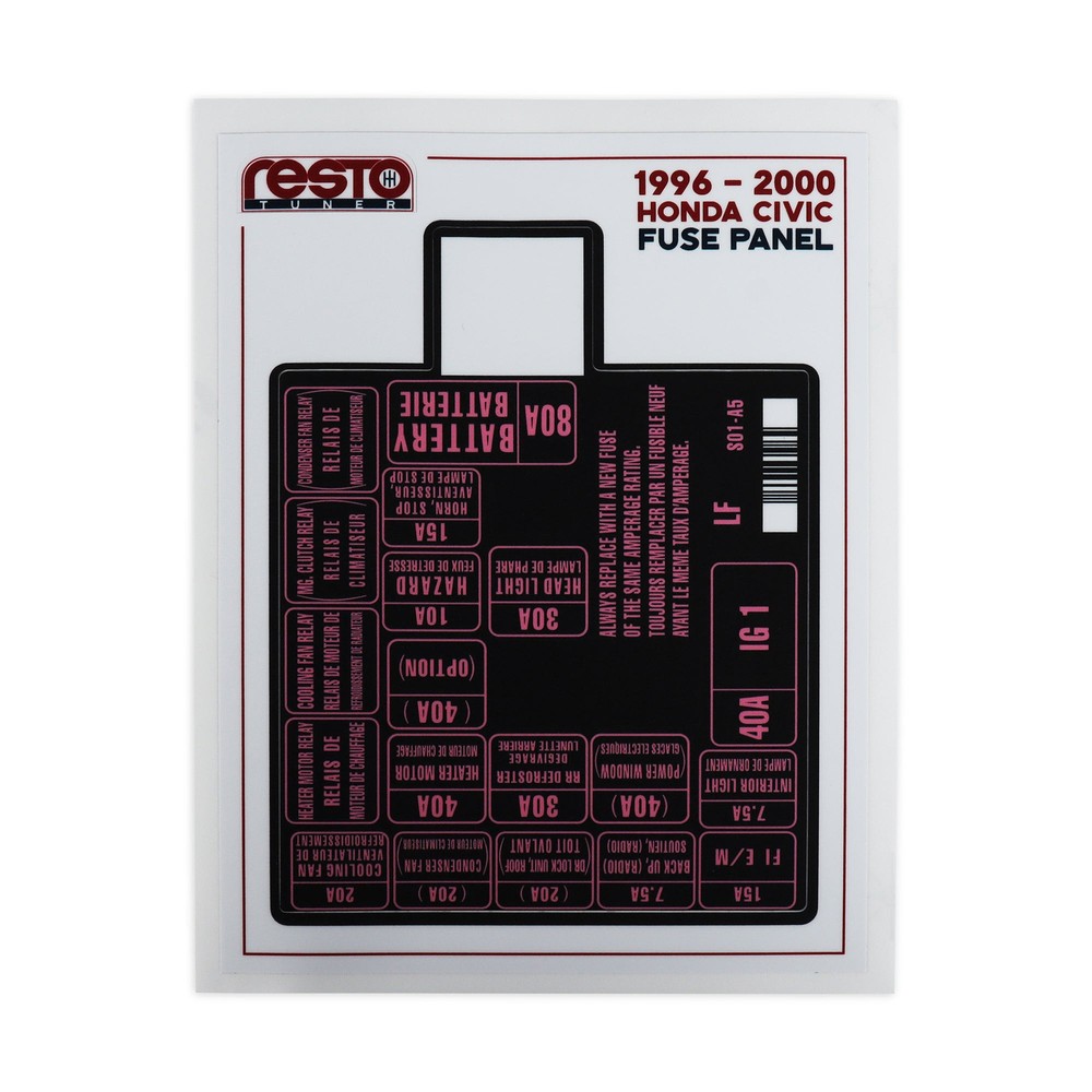 1996 - 2000 Honda Civic Replacement Engine Fuse Label