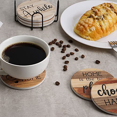 Coasters for Drinks Absorbent with Holder, 6 Pcs Ceramic Drink Coasters Brown