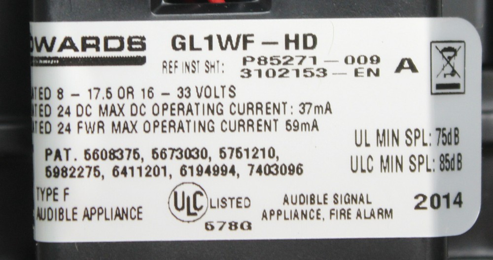 EDWARDS GL1WF-HD HORN FIRE ALARM