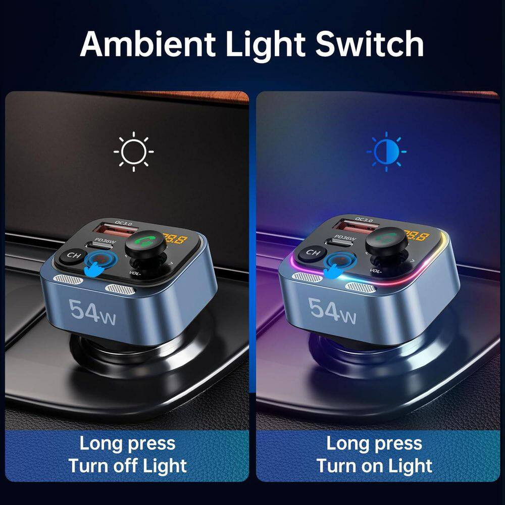 Bluetooth 5.4 FM Transmitter Car Adapter 54-Watt Fast Charging Dual Mics Hifi De