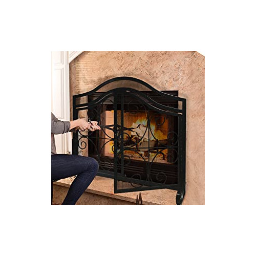 Amagabeli Fireplace Screen w Doors Large Flat Spark Guard with Protective Mesh