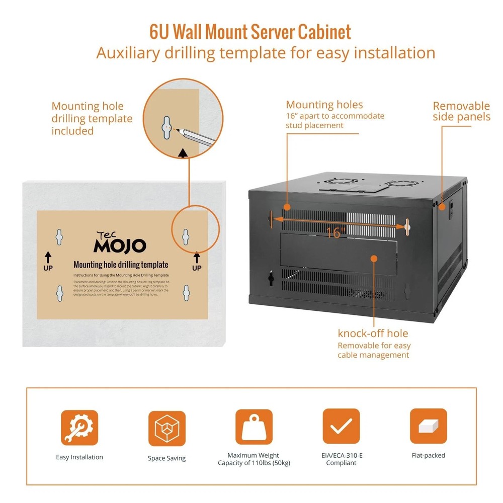Tecmojo 6U Wall Mount Server Cabinet IT Network Rack Enclosure Lockable Door