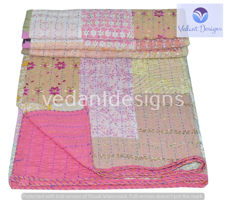 Indian Patchwork Queen/Double Kantha Handmade Quilt Cotton Bed Cover Throw