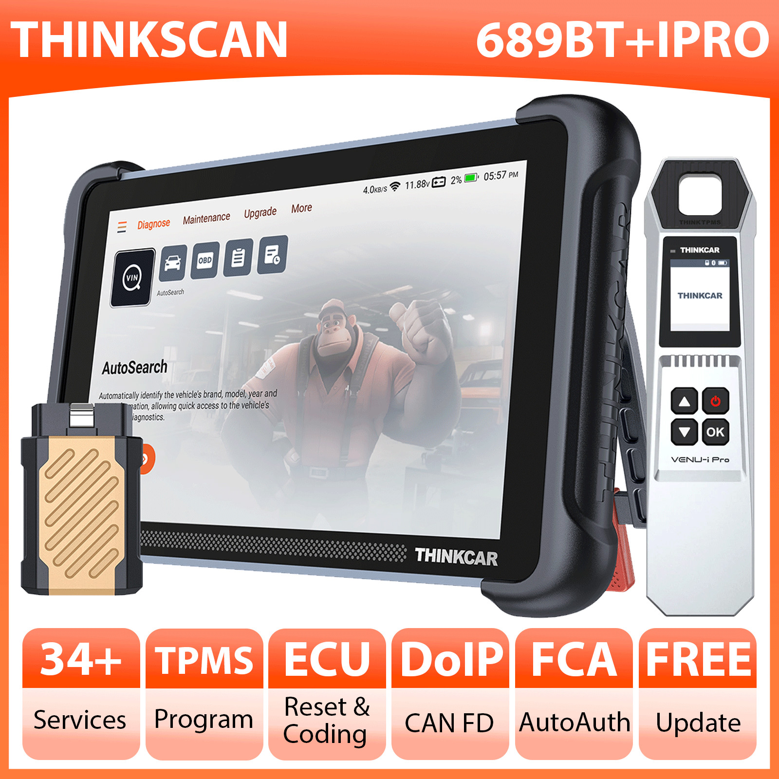 ThinkScan 689BT+IPRO TPMS Program Diagnostic Full OBD2 Scanner IMMO E.CU Coding