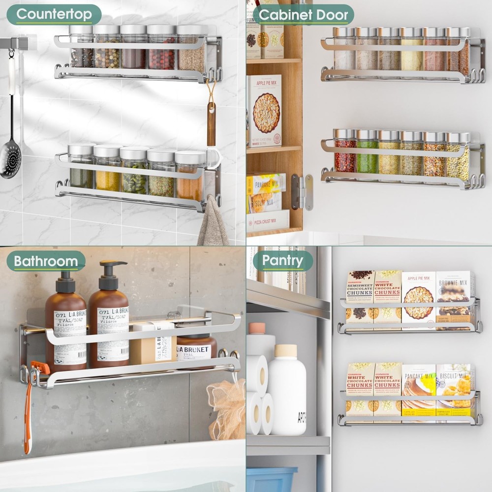 2 Pack Wall Mounted Spice Rack with 8 Hooks Spice Organizer Shelf Silver