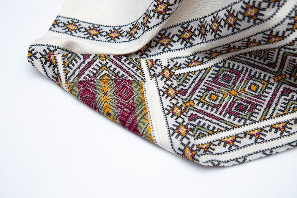 Ukrainian Decorative woven Tablecloth Beige Red Green Rustic Hutsul pattern