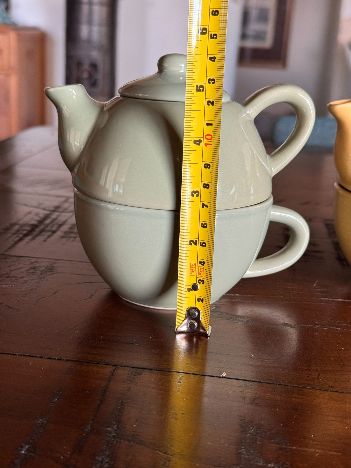 Pier 1 Teapot Mug Set Stackable Tea For One Yellow Green Crackle Glaze China Set