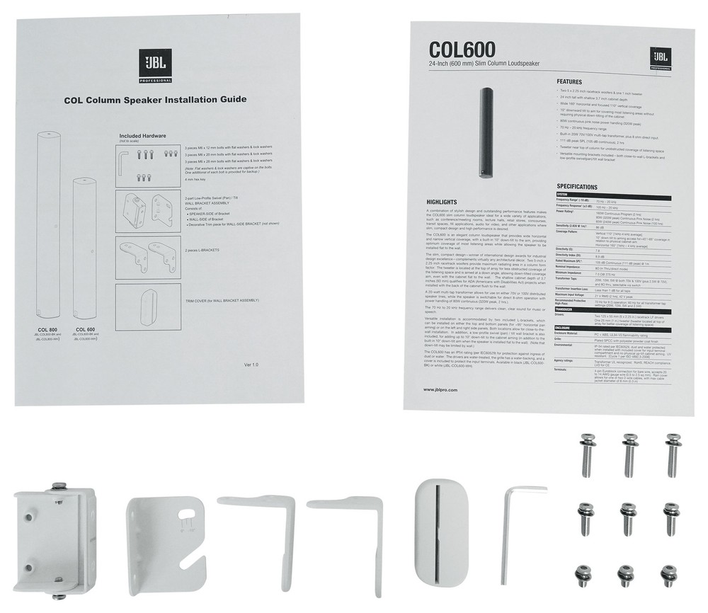 JBL COL600-WH 24" White 70V Commercial Slim Column Wall Mount Array Speaker