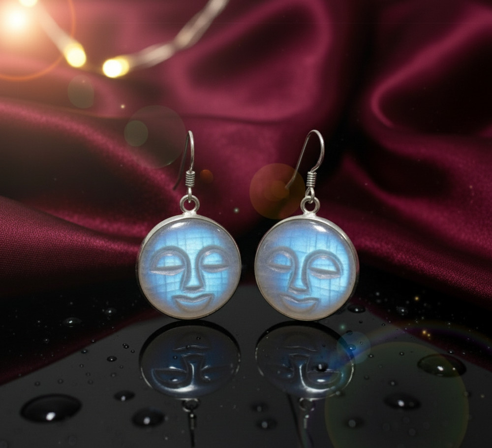 Solid 925 Sterling Silver Handcarved Rainbow Moonstone Moonface Dangle Earrings