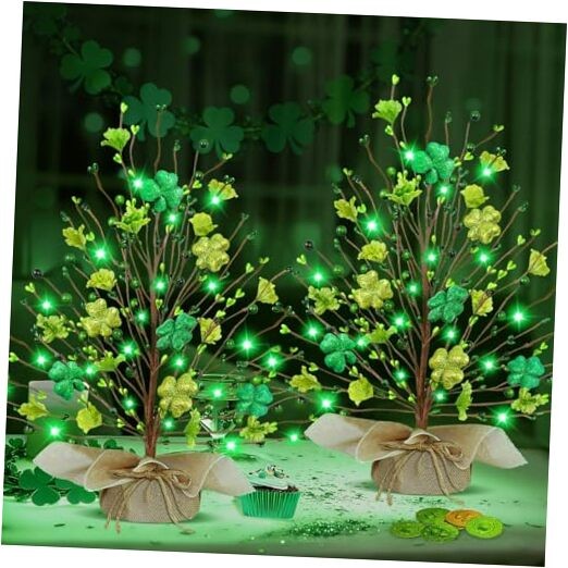St. Patrick's Day Decorations, 2 Pack 18 Inch Lighted St. Shamrocks Lights Tree