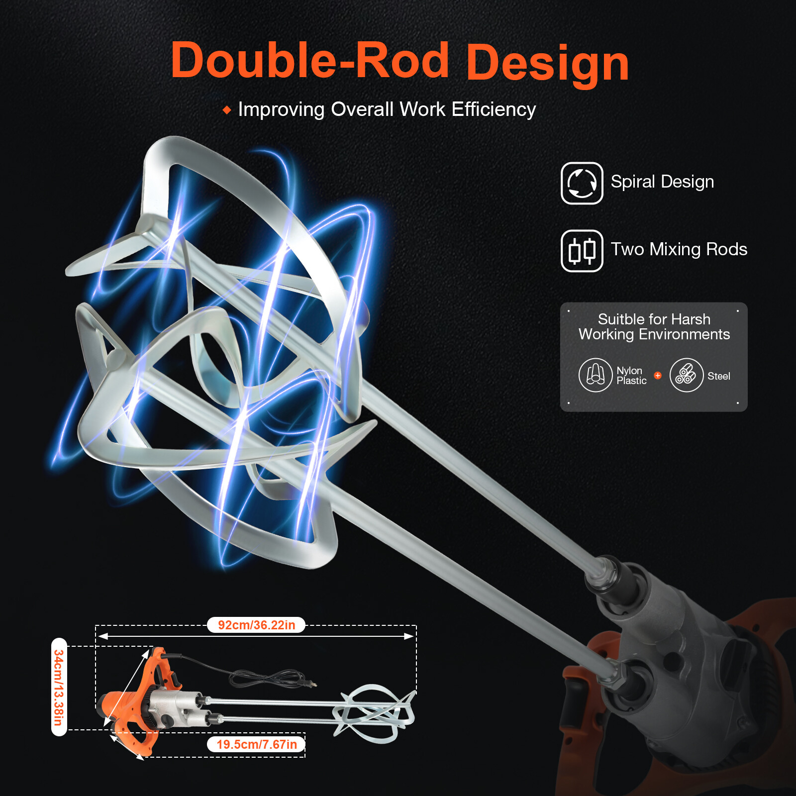 1800W Portable Electric Concrete Cement Mixer Double Rod Grout Stirring Mixer