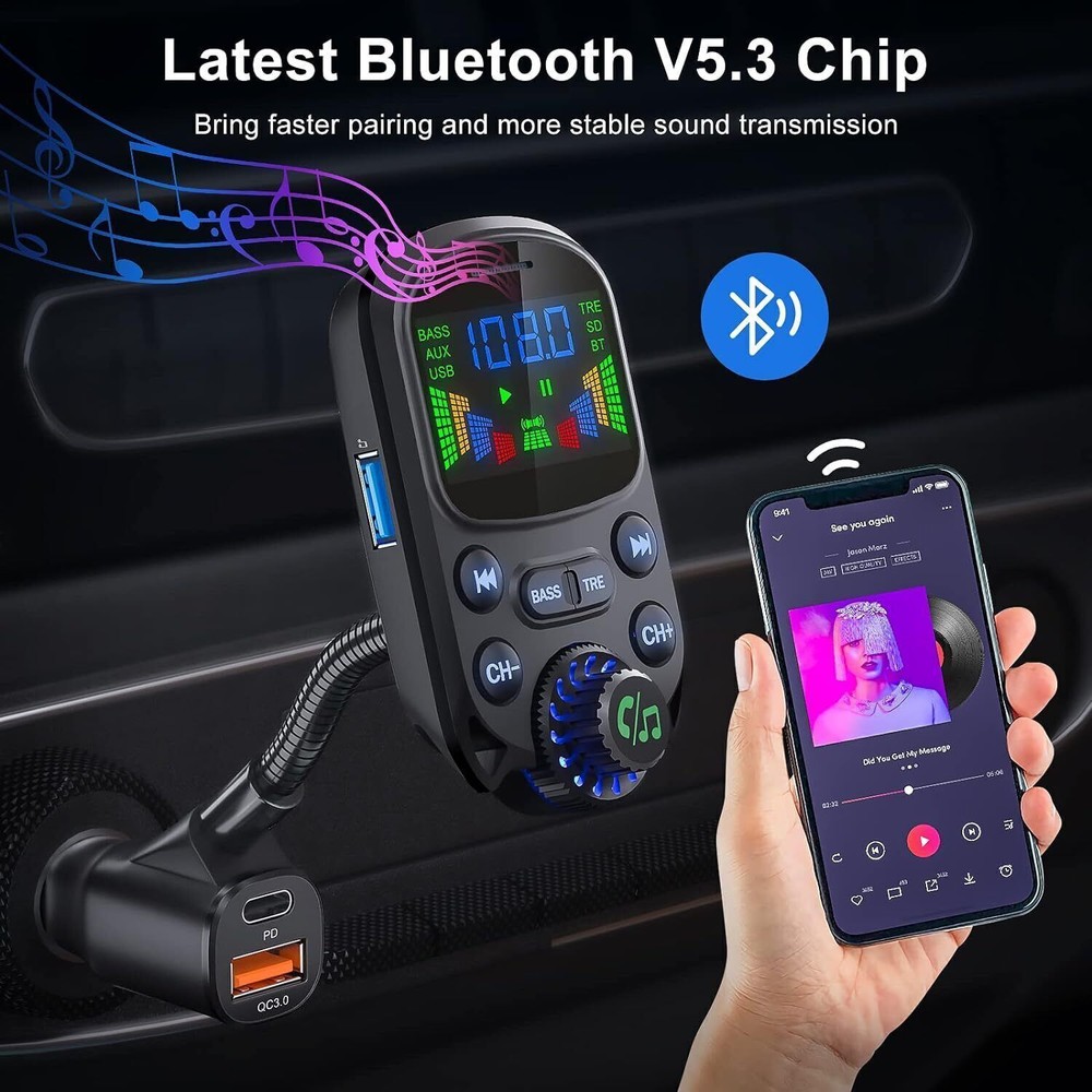 Bluetooth V5.3 Car Wireless FM Transmitter Adapter 3Port Charger MP3 Hands-Free