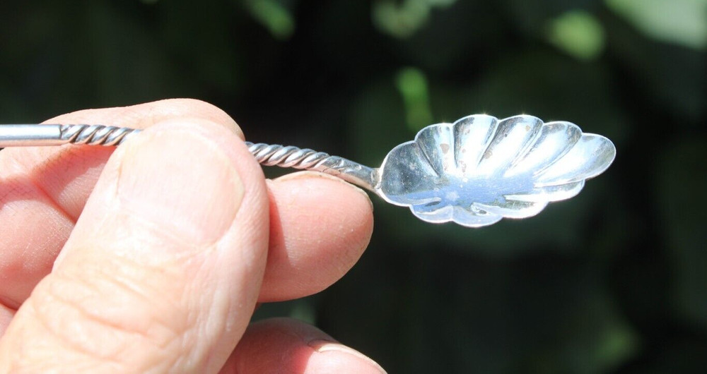 Antique Silver Berry Spoon w/Twisted Handle Shell Shape-#B1