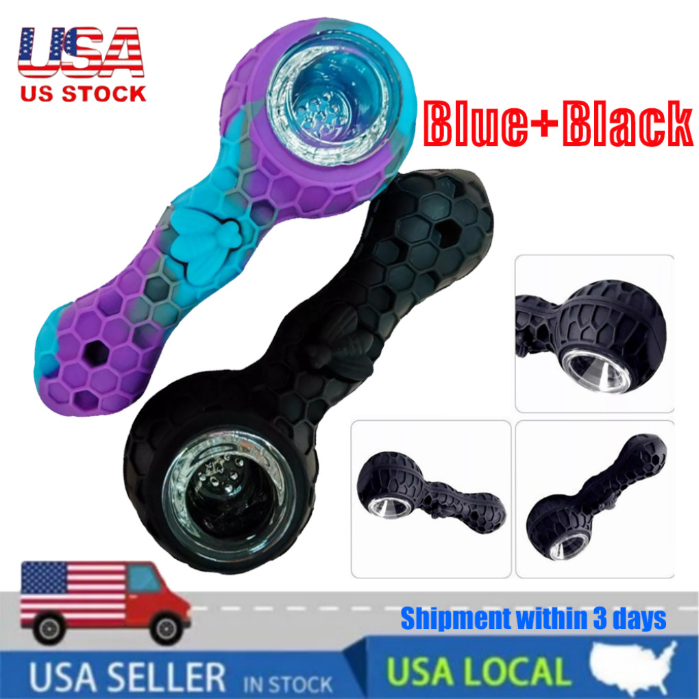 2 Pcs (Blue+Black) SILICONE PIPE 4.3" W/ GLASS BOWL -HoneyComb Bee