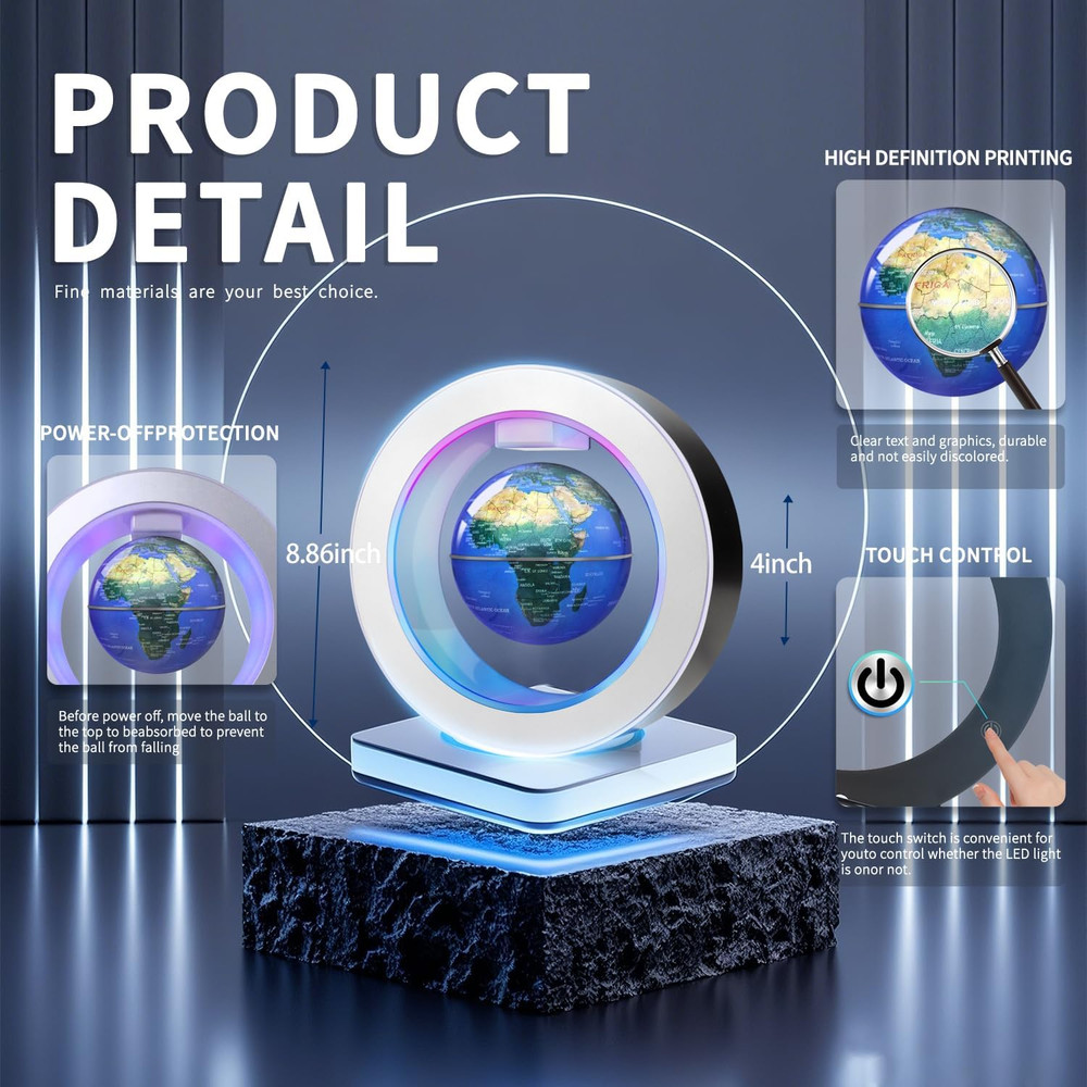 Floating Globe O Frame, Magnetic Levitating Technolog, Cool Gadgets for Men, 4In