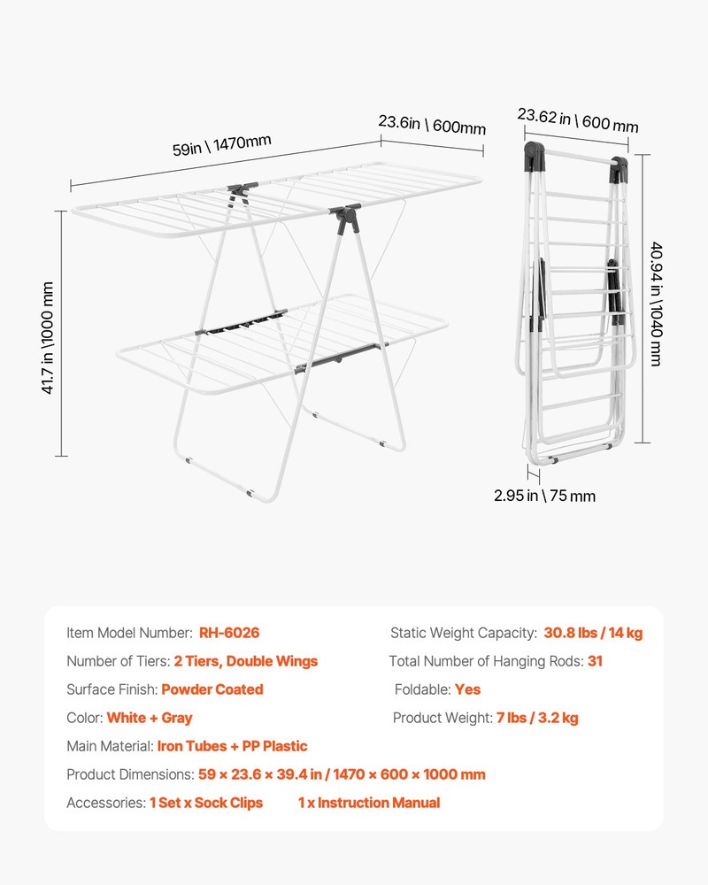 VEVOR 2-Tier Foldable Clothes Drying Rack with Sock Clips & 31 Drying Rods White