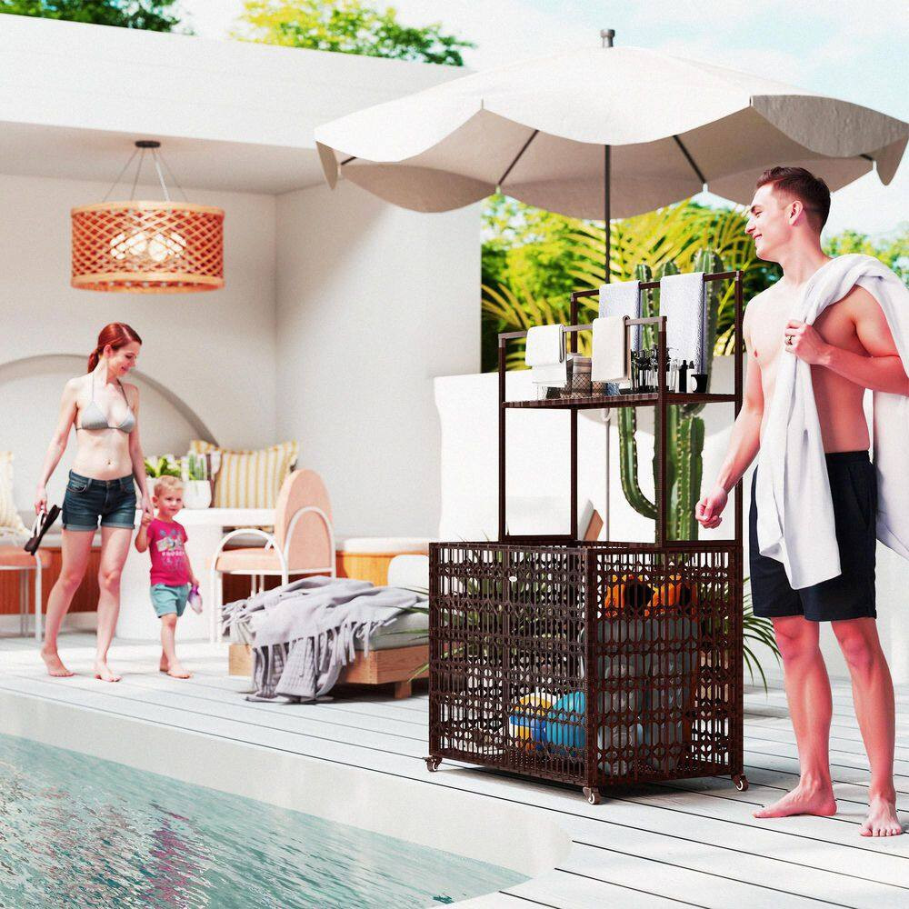 203.41 Gal. Mixed-Brown Wicker Pool Float Storage Organizer, PE Rattan Deck Box