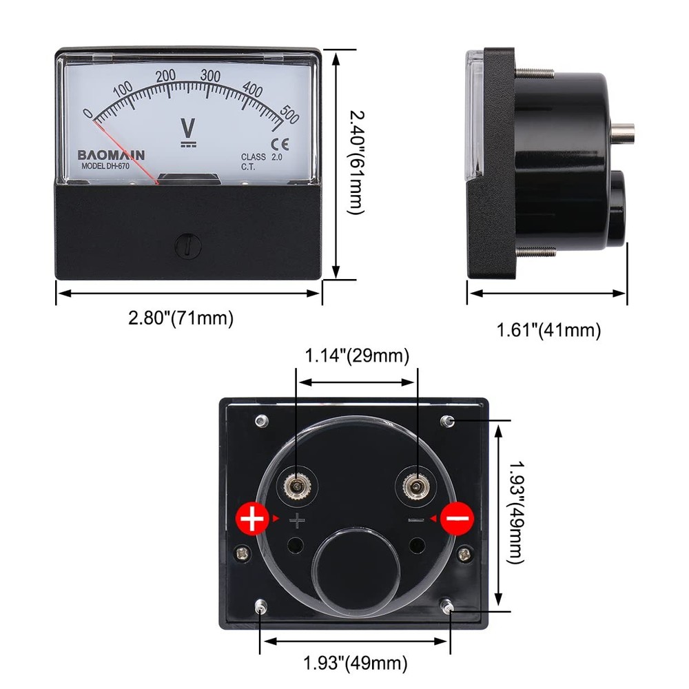 Baomain Voltmeter DH-670 DC 0-500V Rectangular Class 2.5 Analog Panel Volt Vo...