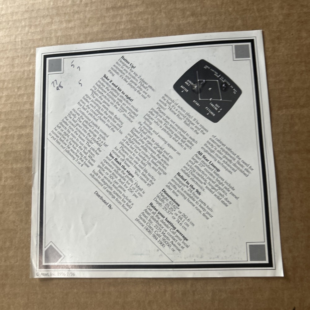 Damaged Original Atari Flyball ARCADE GAME FLYER