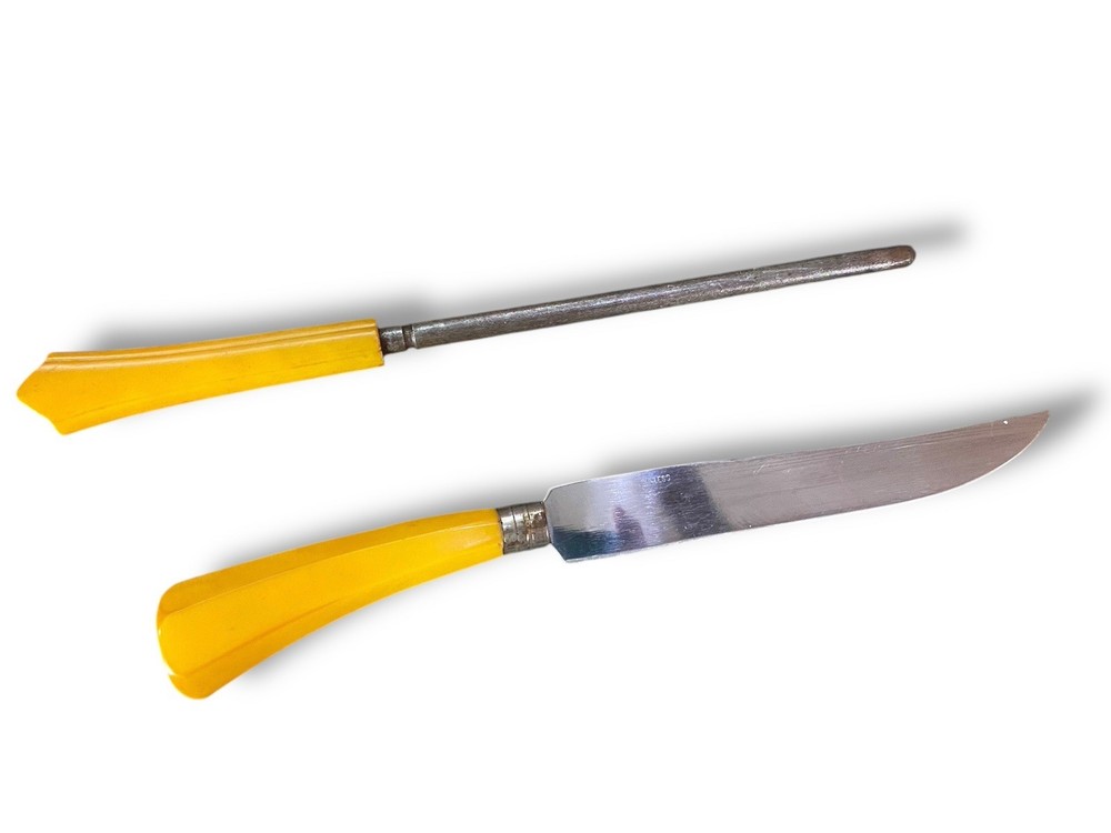 Butterscotch Bakelite Carving Knife & Sharpener Set Vintage