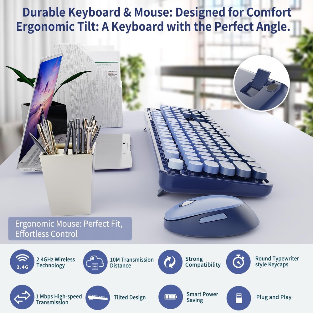 Wireless Keyboard Mouse Combo Retro Typewriter Round Keycaps Full Size Blue