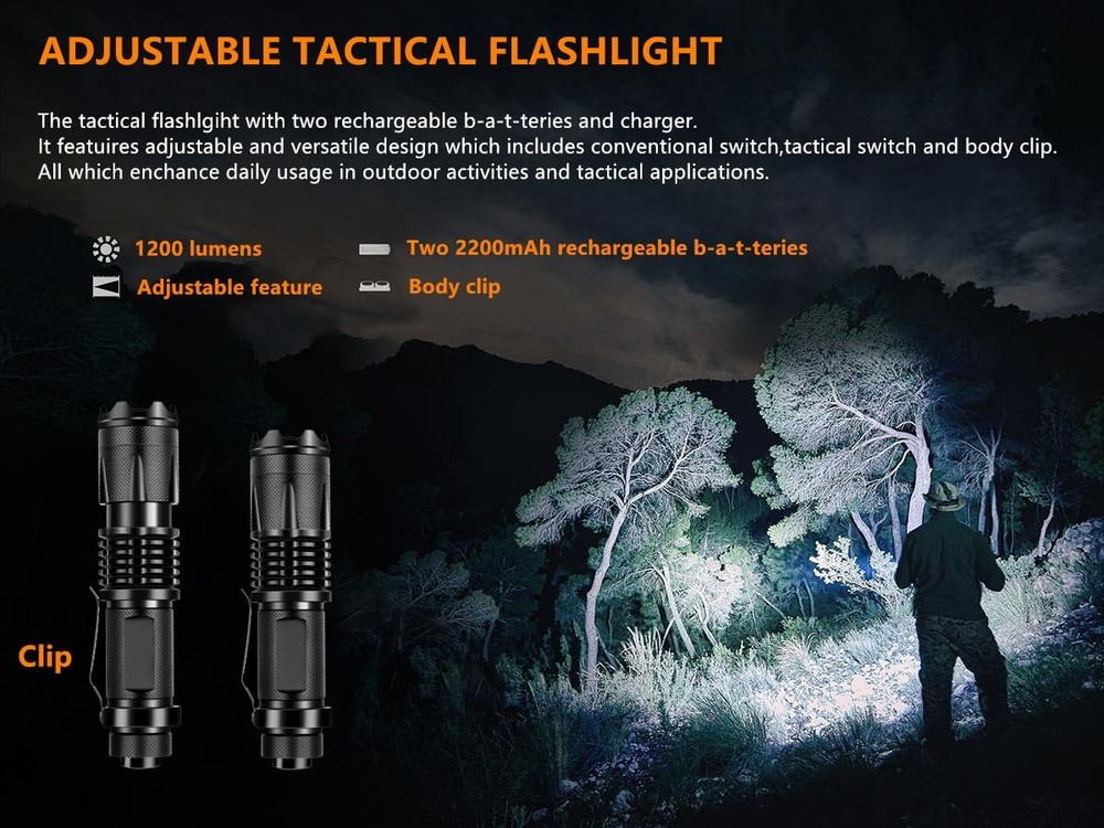 Fenyee Tactical Flashlight Adjustable 350 Yards 1200 Lumen LED Light White