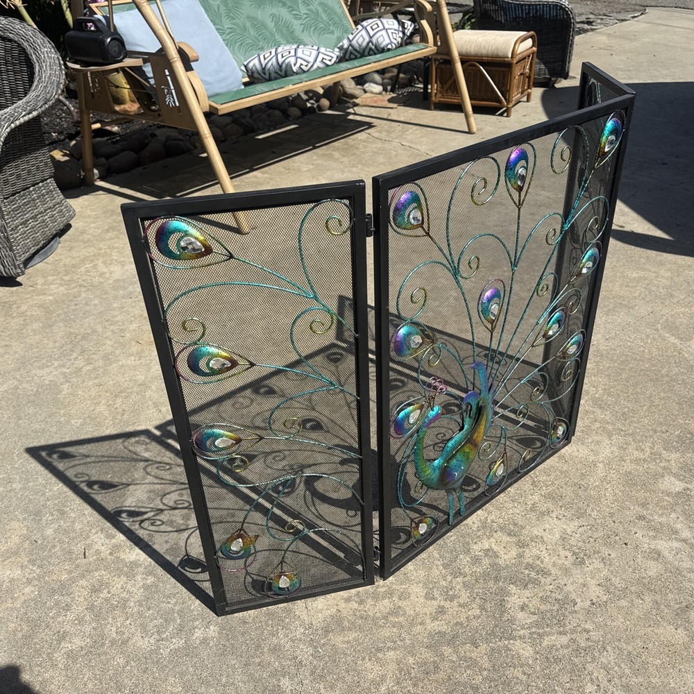 Folding Peacock Fireplace Screen Vintage Decorative Element