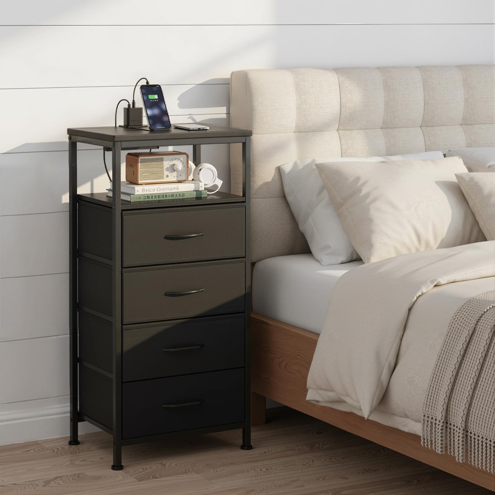 Nightstand with Charging Station Bedside End Table 4 Fabric Drawers & USB/Type-C