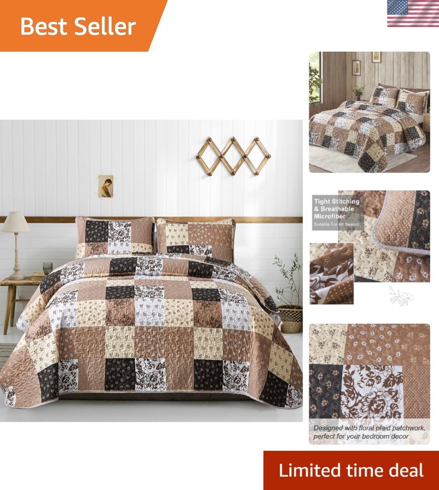 Luxurious Khaki Patchwork Quilt Set - King Size, Reversible & Machine Washable